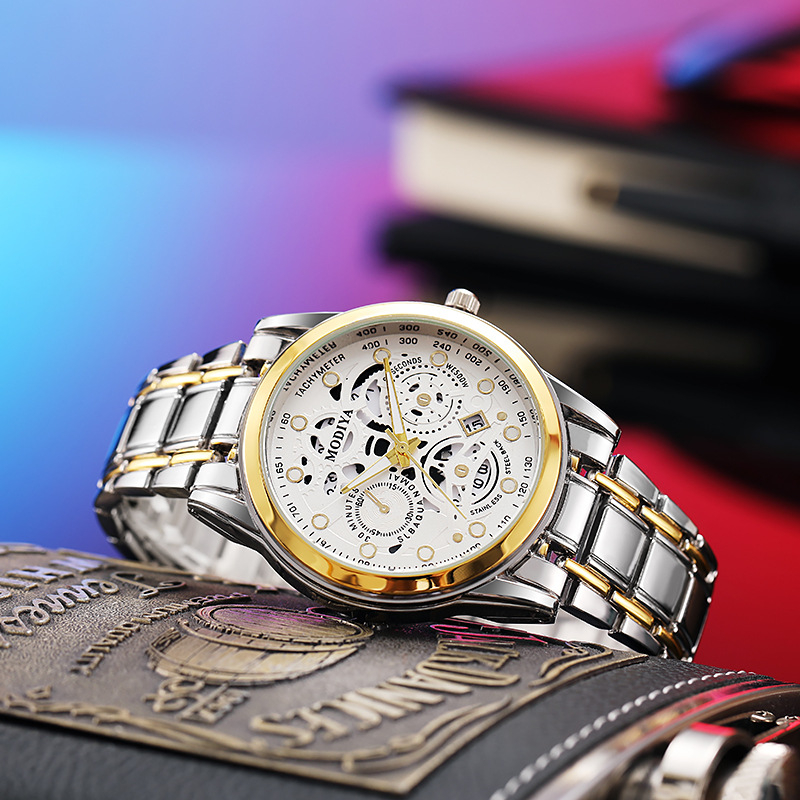 GD272-1 New Male Watch Luminous Quartz Watch Skeleton Calendar Alloy Watch for Men