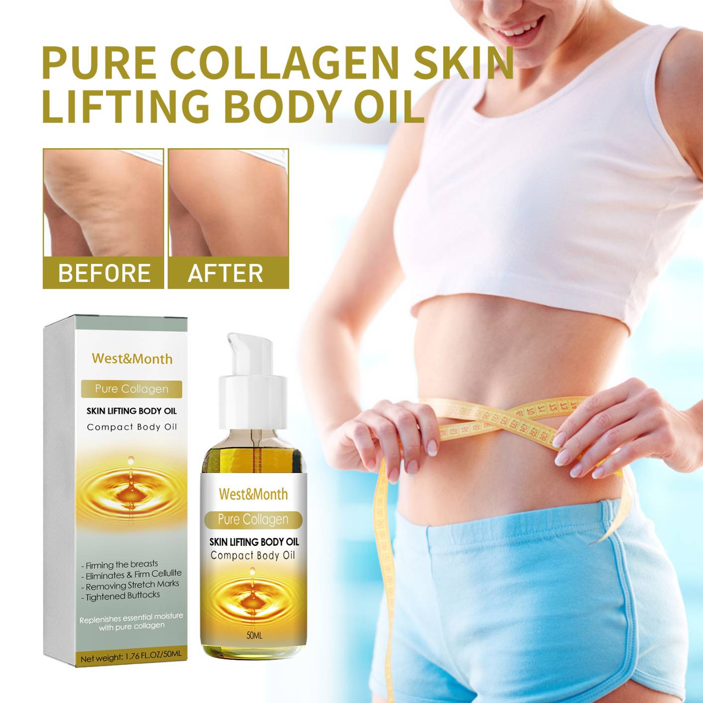 West&Month Collagen Slimming Oil Tightening Buttock Thin Leg Waist Shaping Fat Burn Anti Cellulite Body Massage Loss Weight Essential Oils