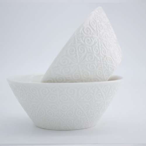 Small White Pearl Antiskid Ceramic Porcelain Embossed Microwave safe Bowls - For Cereal, Soup, Salad, Pasta, Rice, Dessert - XC-27
