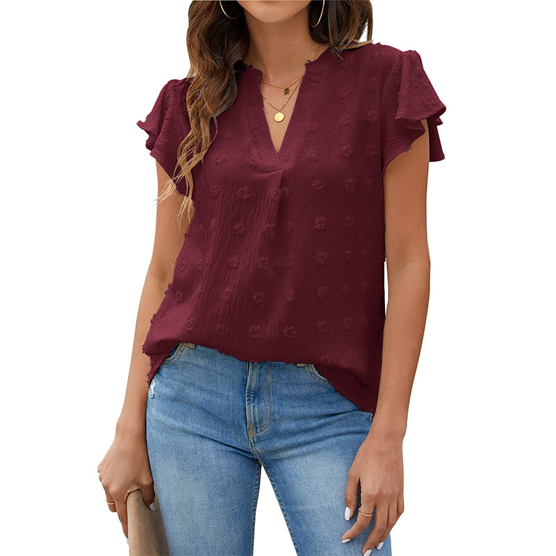 WTX20008 Women's Summer New V-Neck Short Sleeve Comfortable Casual Solid Color Top