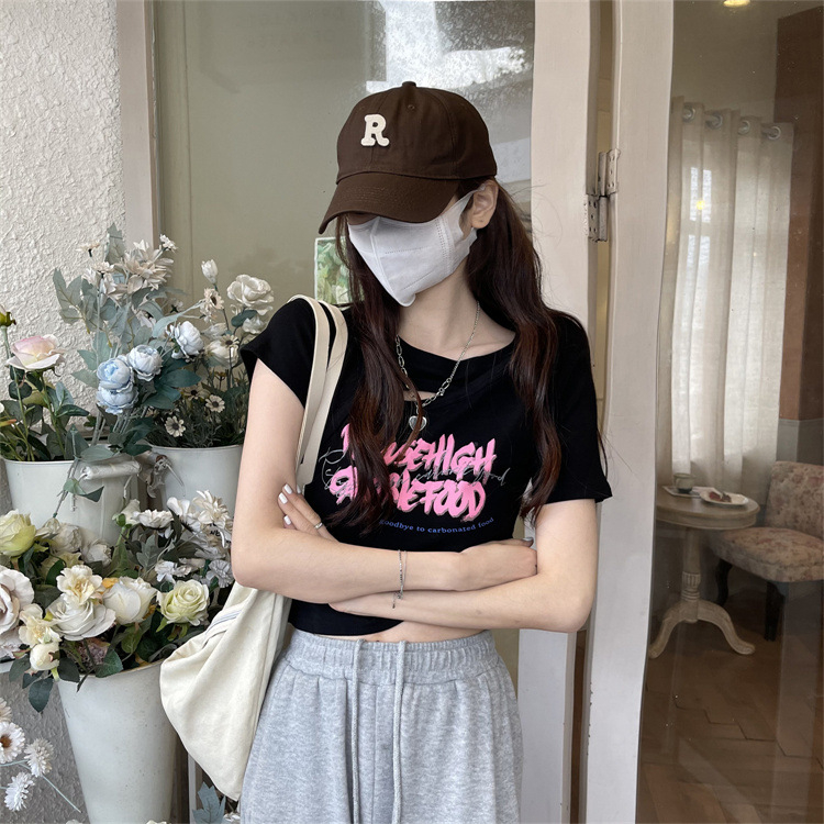 WYP-6791 Women's Fashion Loose Cutout Design Sense Printed Slim Slim Cropped T-shirt