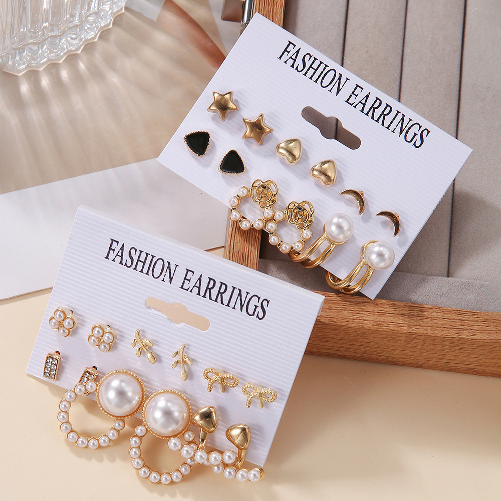 E1475-1 Women's Fashion Pearl Stud Earrings Set Love Heart Pentagram Earrings