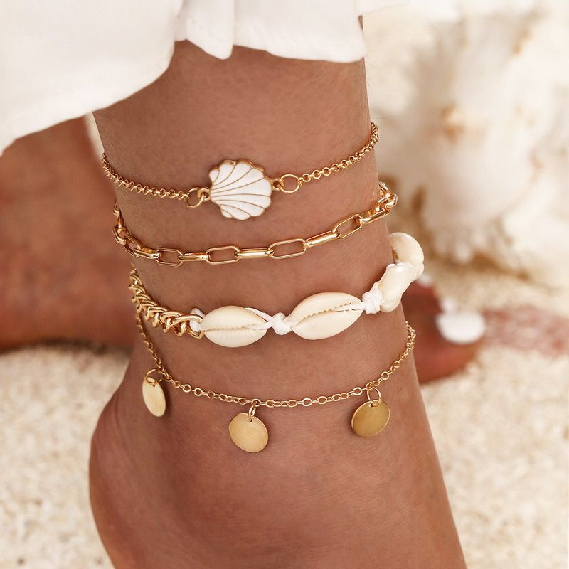 AK23Y0052 Summer Beach Women Anklet Shell Weave Chain Full of Diamond Bee Pendant Multi-Layer Anklet