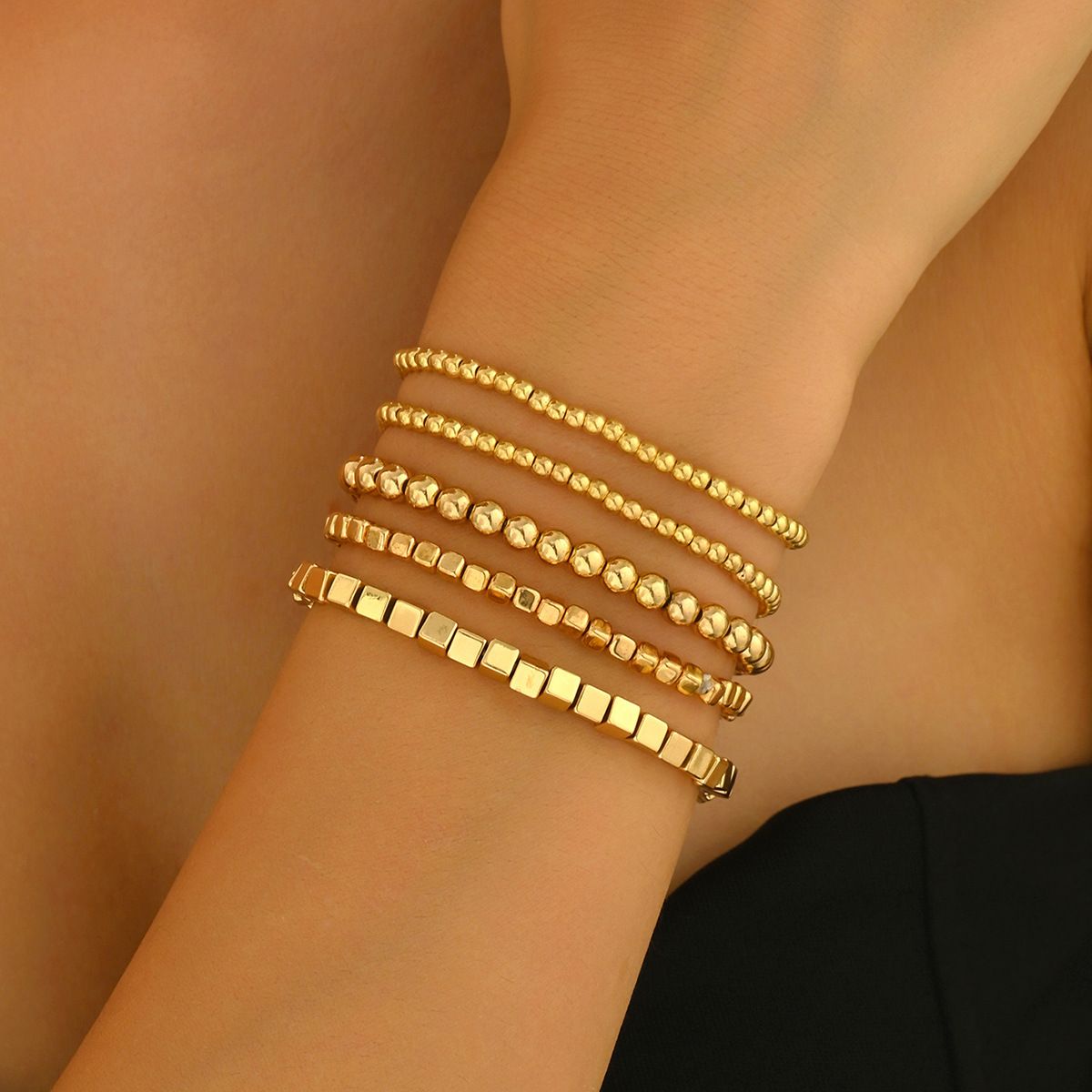 5-Piece Gold Tone Stackable Beaded Bracelet Set with Mixed Round & Square Beads, Elastic Stretch Design, Minimalist Retro Geometric Jewelry for Women

