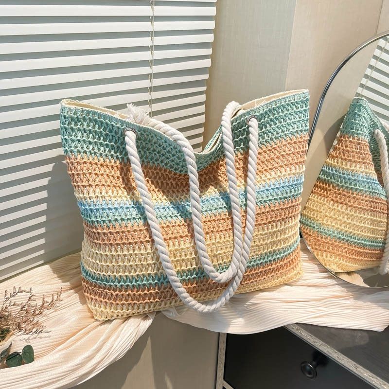 New Fashion Rainbow Striped Woven Shoulder Bag, Large Capacity Beach Bag for Vacation Travel
