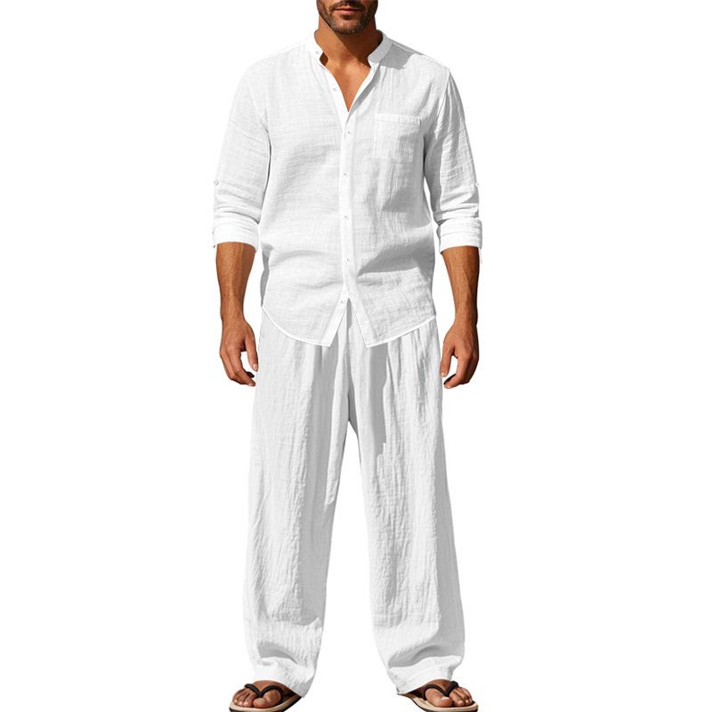 Men's Clothing Sets Two-Piece Outfits Flax Men's Casual Loose Breathable Long Sleeve Long Pants Shirt Beach Setwhite