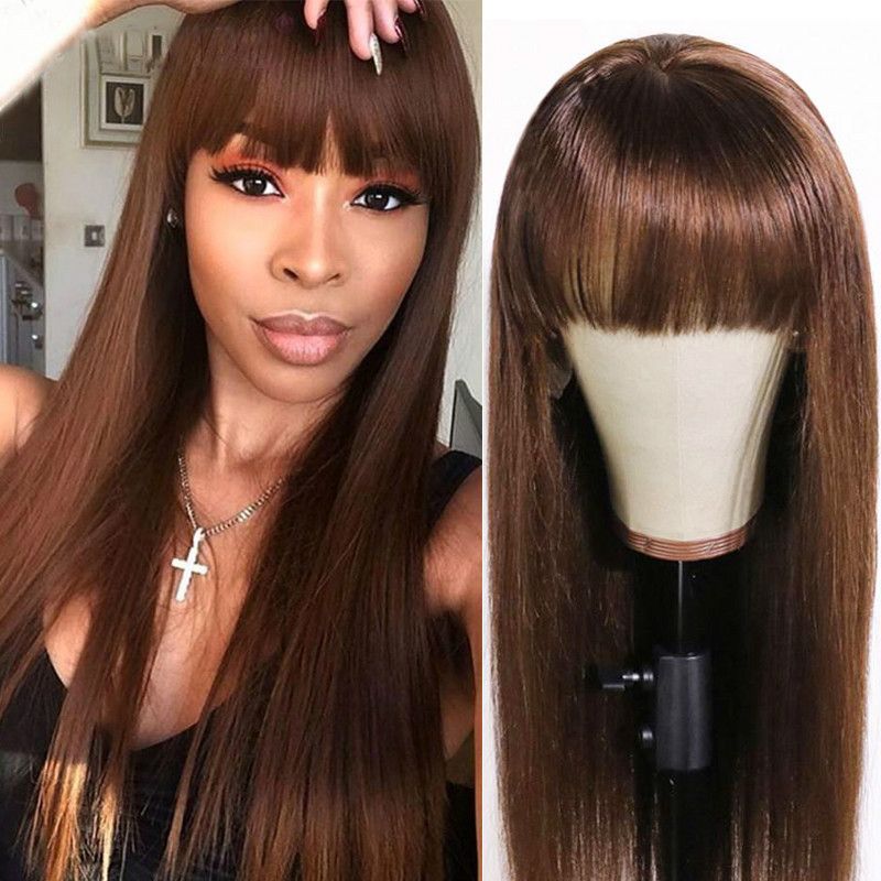 2025 New Western-Style Fashion Women's Black Long Straight Wig, Straight Bangs Synthetic Hair Wig Cap, Cross-Border Natural Export Wig