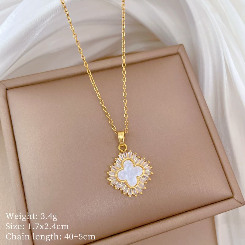 Titanium Steel Chain Four‑Leaf Clover Jewelry Set Micro‑Pave Cubic Zirconia White Shell Inlay Luxury Banquet Necklace Earrings Kit Elegant Shiny Women Fashion Accessory Versatile Daily Party Wedding Gifting for Ladies
