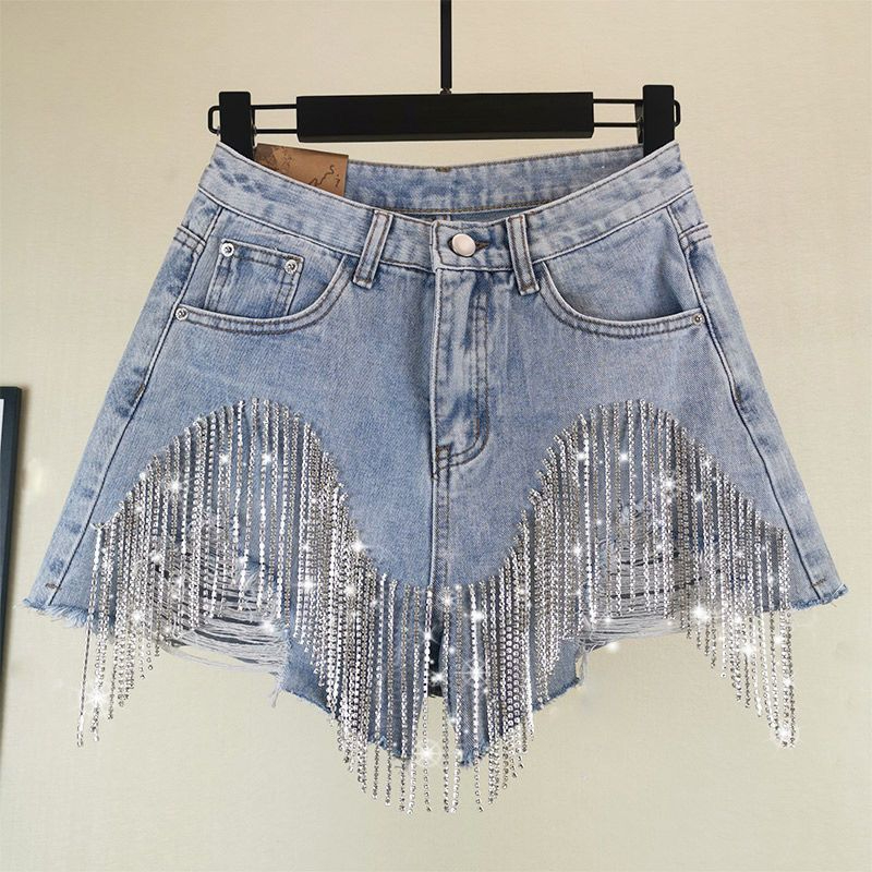 Women Ripped Jeans High Waist Diamond Tassel Casual Bottoms for Ladies Denim Shorts