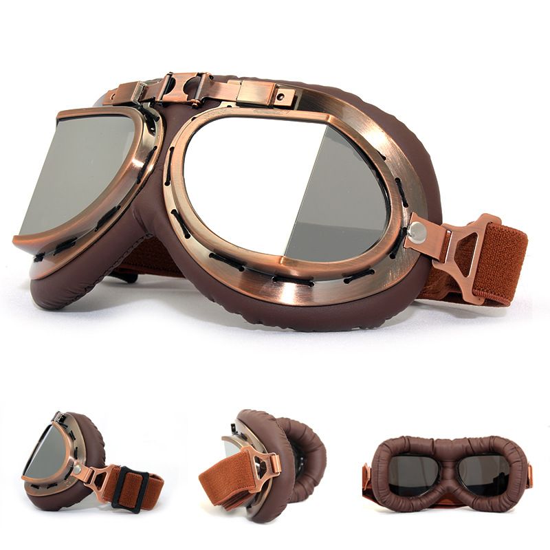 Vintage Harley Style Bronze Motorcycle Goggles, Helmet Compatible Riding Glasses, Wind & Sand Resistant Off-Road Outdoor Protective Eyewear
