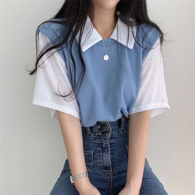 WYP-46 Women's Loose Casual Versatile Polo Lapels Contrast Fake Two Preppy Short Sleeve T-shirt