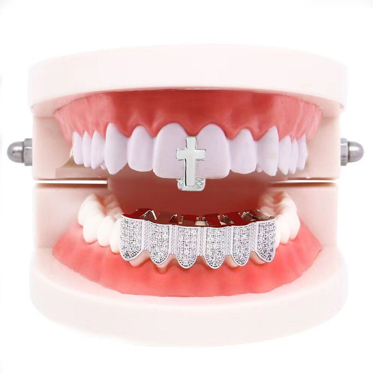 Zircon braces decorated hip-hop braces single vertical row/cross upper teeth + six teeth lower teeth set silver teeth hip-hop grillz