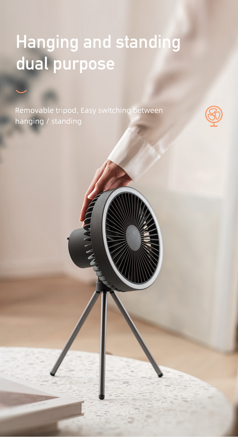 MECOLA Portable Camping Fan with LED Lantern, 10000mAh Battery Operated USB Rechargeable Fan with Hanging Hook, 3 Lights Modes, 3 Speeds Quiet Ceiling Fan, Tent Fan with Tripod for Outdoor Emergency Outage