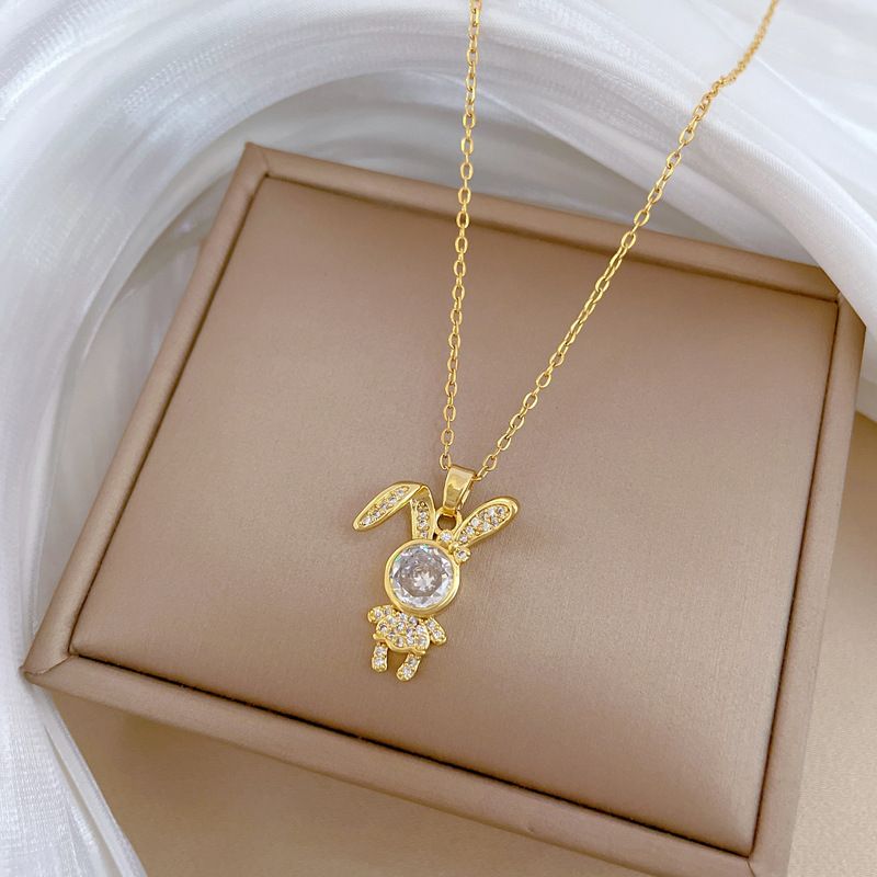 Titanium Steel Chain Long‑Ear Bunny Pendant Necklace Micro‑Pave Cubic Zirconia Inlay Large Round Center Stone Luxury Fashion Women Clavicle Chain Shiny Neck Jewelry Versatile Daily Dating Party Elegant Accessory Gift for Ladies
