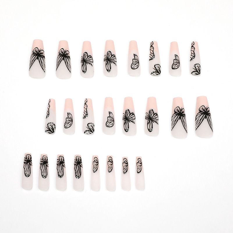 24Pcs Long Coffin False Nails Glitter Butterfly Designs Fake Nails Artificial Full Cover Nail Art Tips Press on Nails Manicure Tool