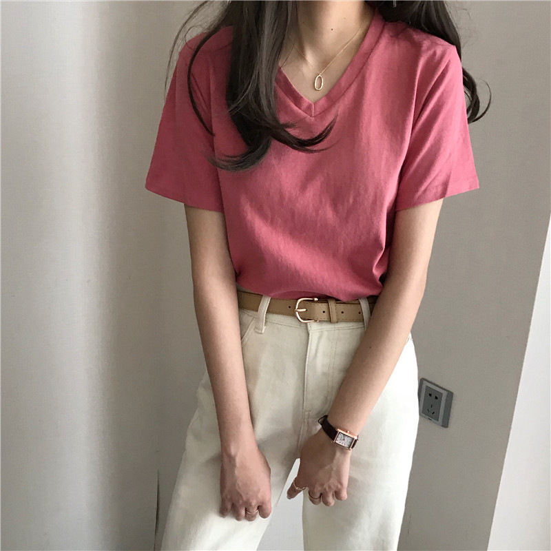 Women's New White V-Neck T-Shirt Solid Color Loose Top