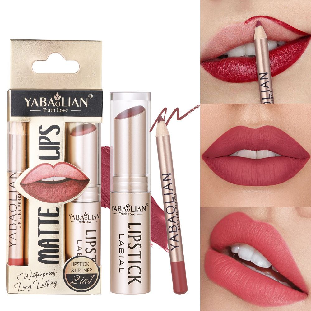 2 Pcs Lipstick & Lip Liner Set, 2-in-1 Matte Lipstick with Matching Lip Liner Pencil, Long Lasting Waterproof Non-Stick Cup Lip Makeup Kit, Highly Pigmented Lip System for Daily & Party Wear