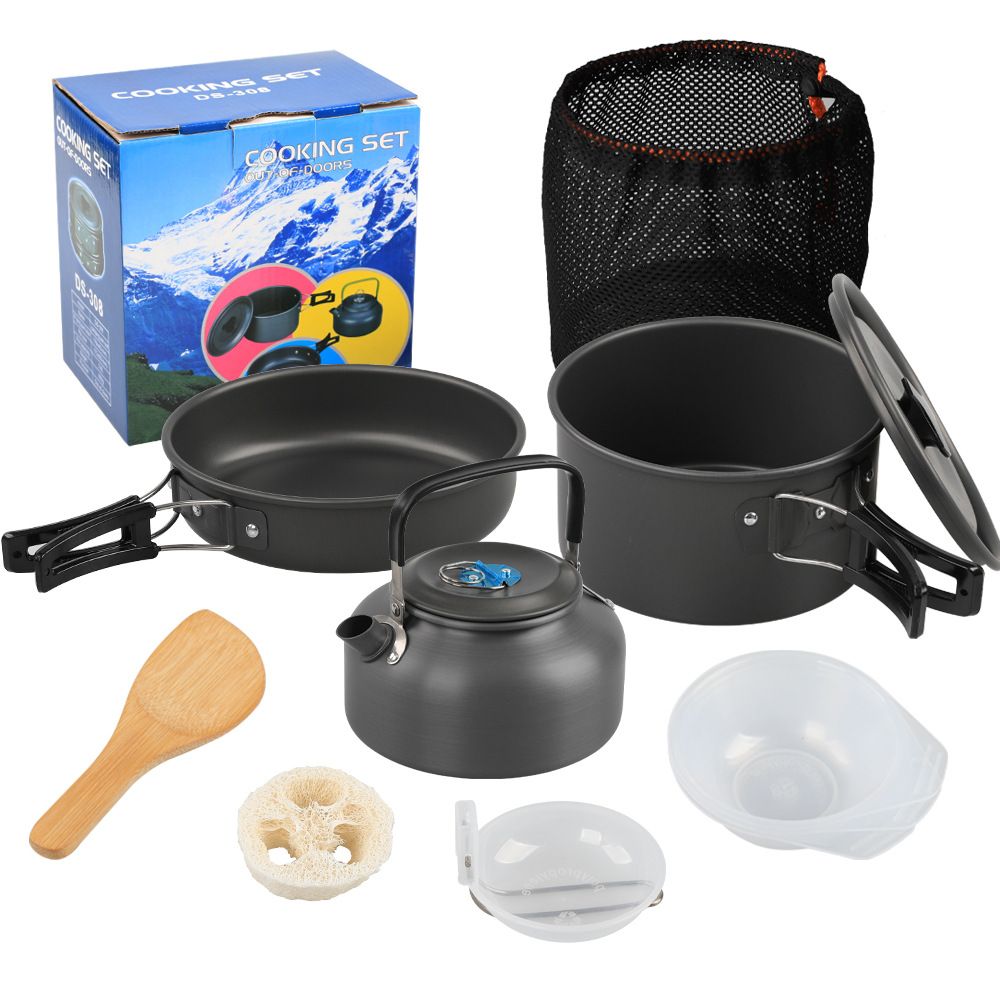 2-3 Person Portable Camping Cookware Set with Kettle, Non-Stick Pot & Pan Combo, Lightweight Aluminum Outdoor Cooking Kit with Accessories for Hiking, Backpacking, Picnic
