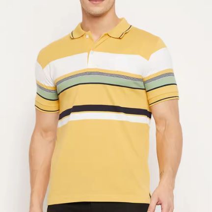 Men's Striped Polo Neck Cotton Blend Yellow T-Shirt