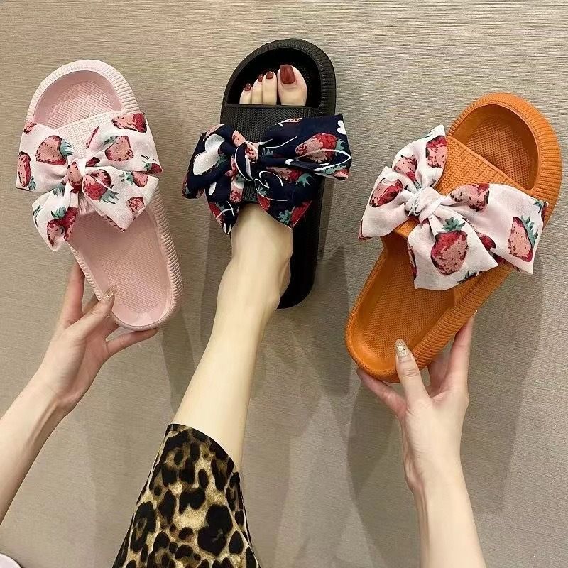 92001 Women's Summer Strawberry Bow Slippers Casual Non-Slip Slippers