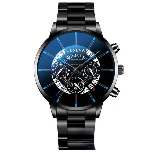 Calendar steel band watch men's large dial quartz watch men's watch foreign trade men's watchHollow out black blue