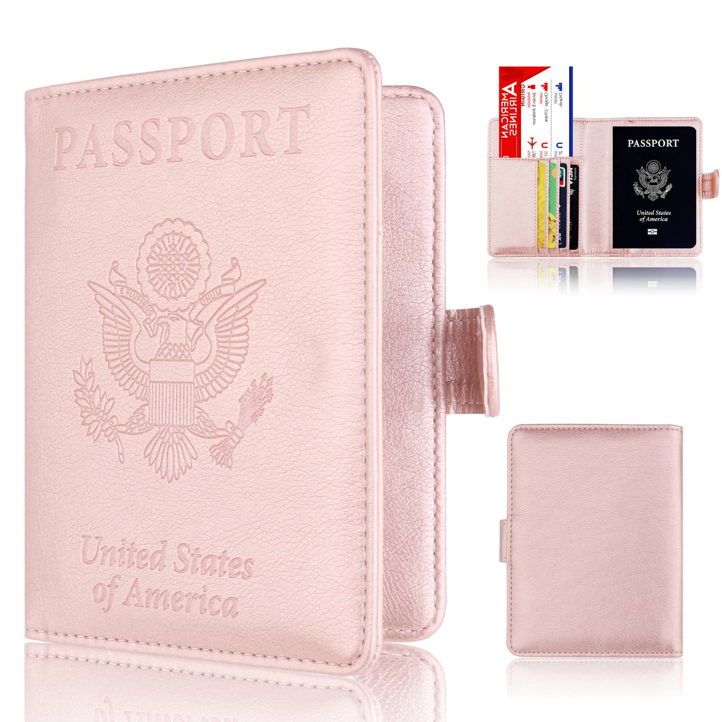 RFID1002 Passport and Vaccine Card Holder Combo, Cover Case with CDC Vaccination Card Slot, Leather Travel Documents Organizer Protector ，for Women and Men, Rose Gold