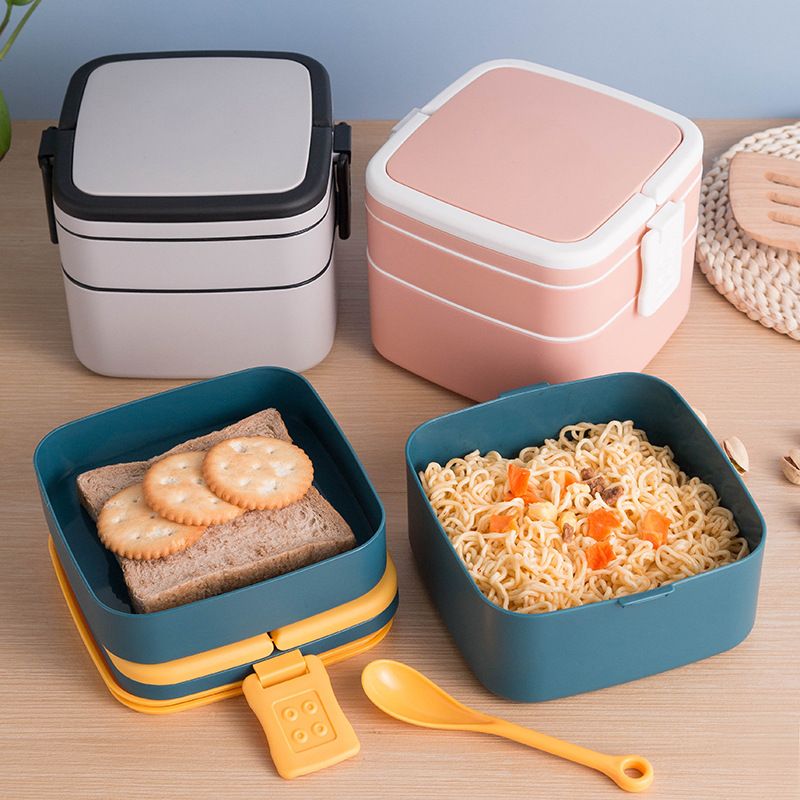 Japanese Style Double Layer Lunch Box with Lid, Microwave Safe Heatable Bento Box, Portable Handheld Leak Proof Meal Container, Reusable Food Storage Box for Office Workers Students Fitness Daily Meal Prep