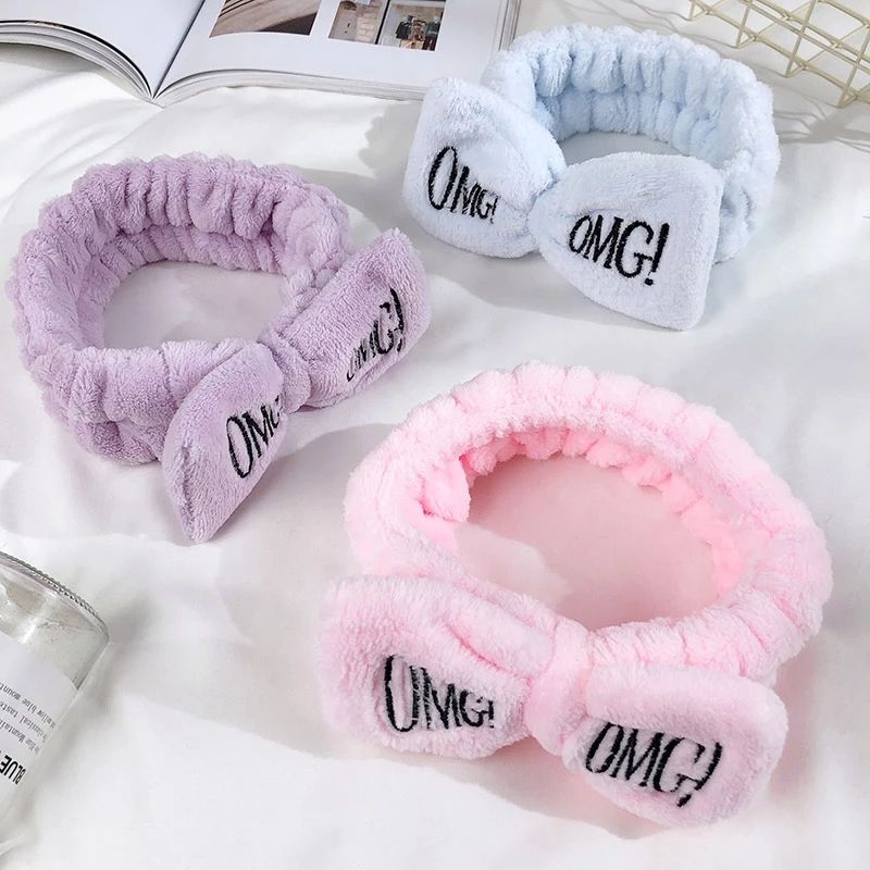 OMG Letter Coral Fleece Bow Hairbands For Women Face Washing Hair Accessories For Girls Headband