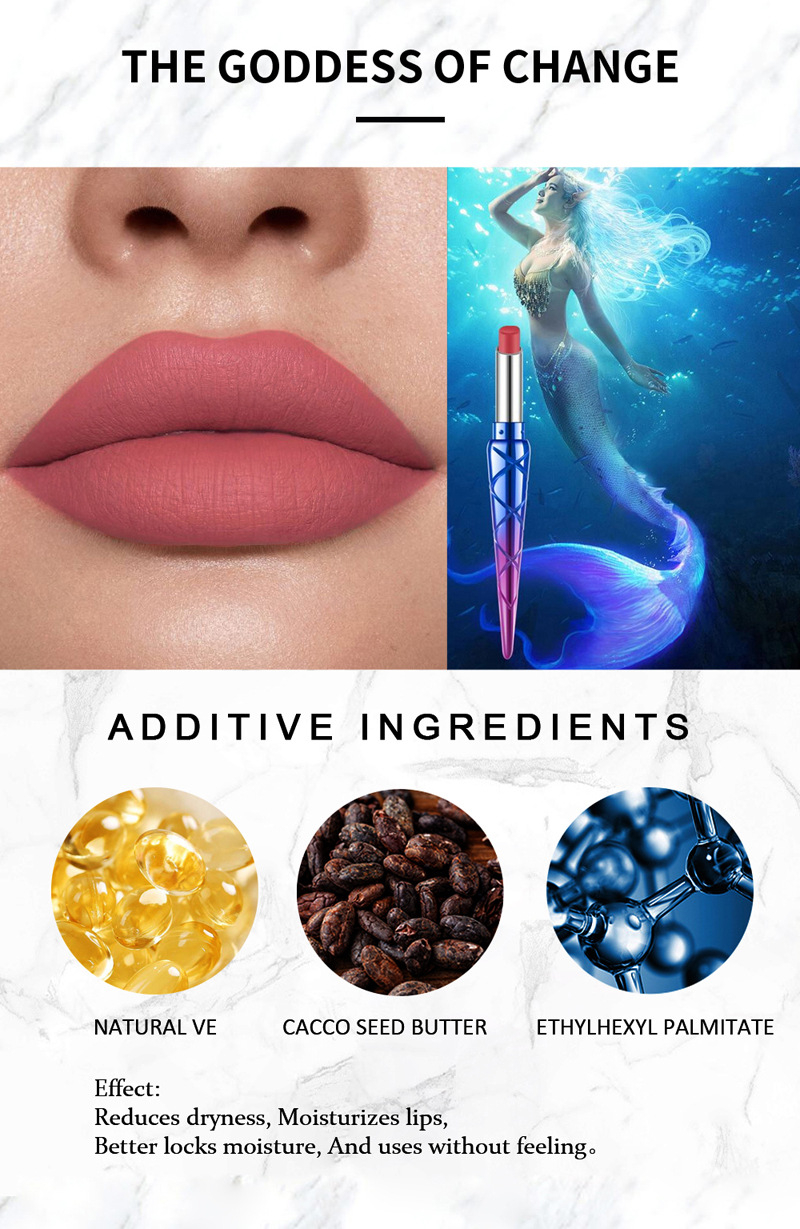 H1032 HANDAIYAN Cigarette Tube Lipstick Pen Mermaid Lipstick Lipstick Natural Vitamin E Matte Lipstick Long Lasting Color
