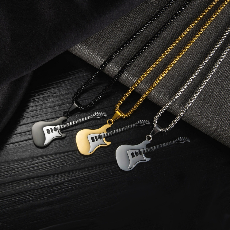 Necklace male apparel jewelry Europe and America street Hip Hop Personalized trend Stainless steel guitar Pendant street Rap tide Titanium steel necklace CRRSHOP men gold black steel 