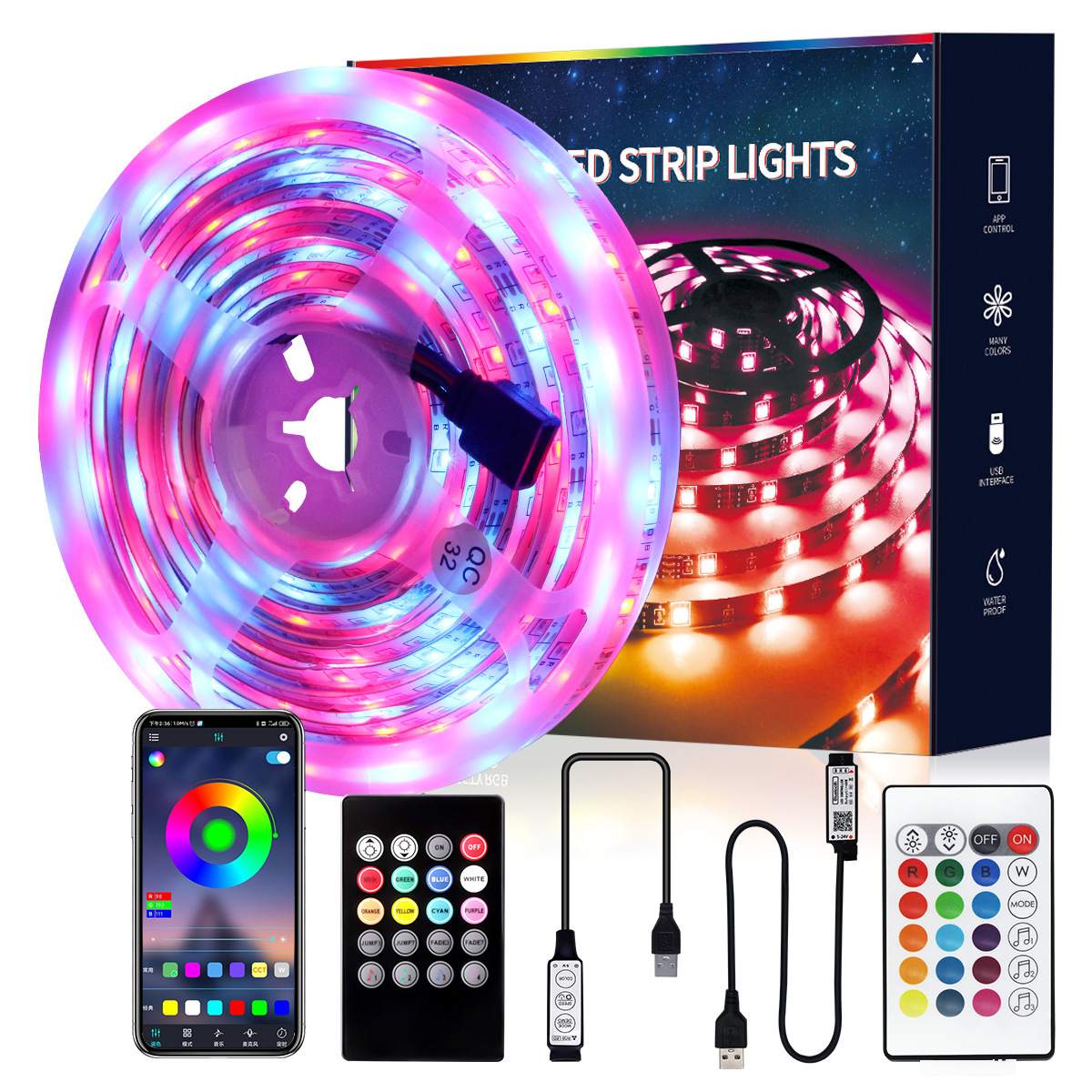 5V USB RGB LED Strip Light Kit with 24 Keys Remote Control, Bluetooth APP Control Music Rhythm Sync LED Lights, Color Changing Ambient Lighting for TV Backlight, Room Decoration