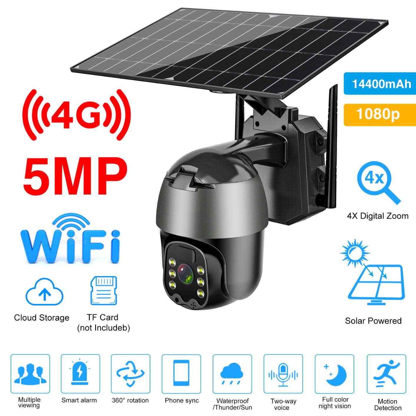 5MP 4G WiFi Solar Powered Camera Outdoor Security Protection CCTV 360 PTZ Smart Home Surveillance Kamera PIR Battery IP Cam