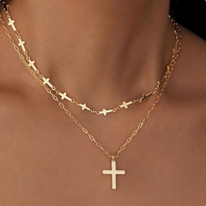 Cross pendant necklace, double layered necklace CRRSHOP women girl jewelry free shipping