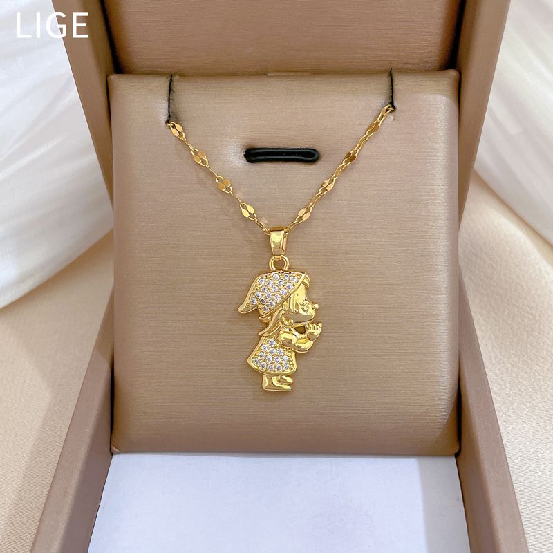 Titanium Steel Chain Cartoon Girl Character Pendant Necklace Micro‑Pave Cubic Zirconia Luxury Sparkling Women Clavicle Chain Fashion Neck Jewelry Versatile Daily Dating Party Accessory Gift for Ladies
