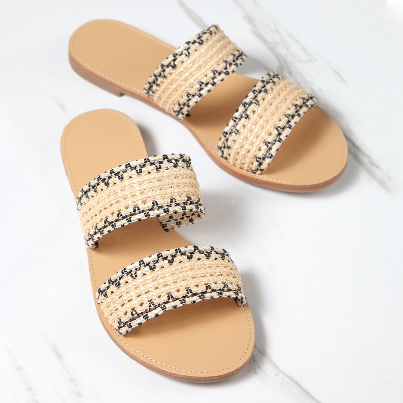 PL0055 Women's Braided Slide Sandals Open Toe Two Strap Slip On Flat Sandals Casual Summer Shoes