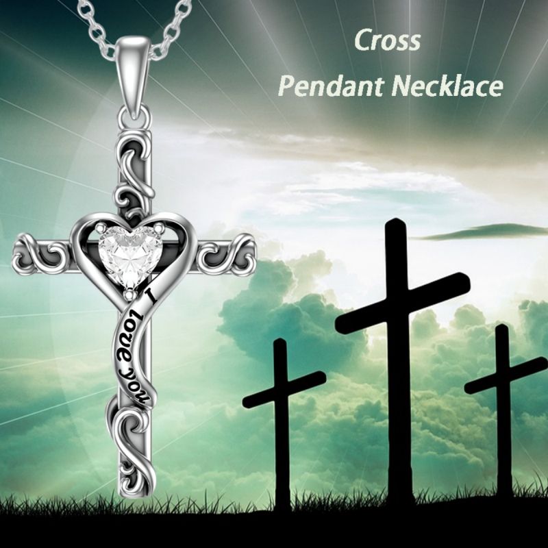Cross pendant necklace, heart-shaped zircon lovers Valentine's Day gift CRRSHOP free shipping