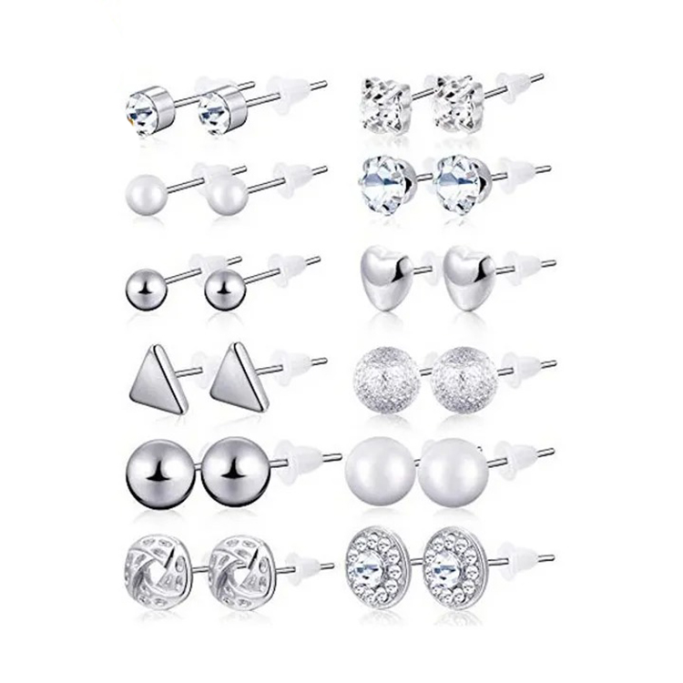 12 Pairs/Set Exquisite Gril Earrings Heart-Shape Diamond Pearls Ear Studs Women Jewellery Kit  Gift Jewelry 