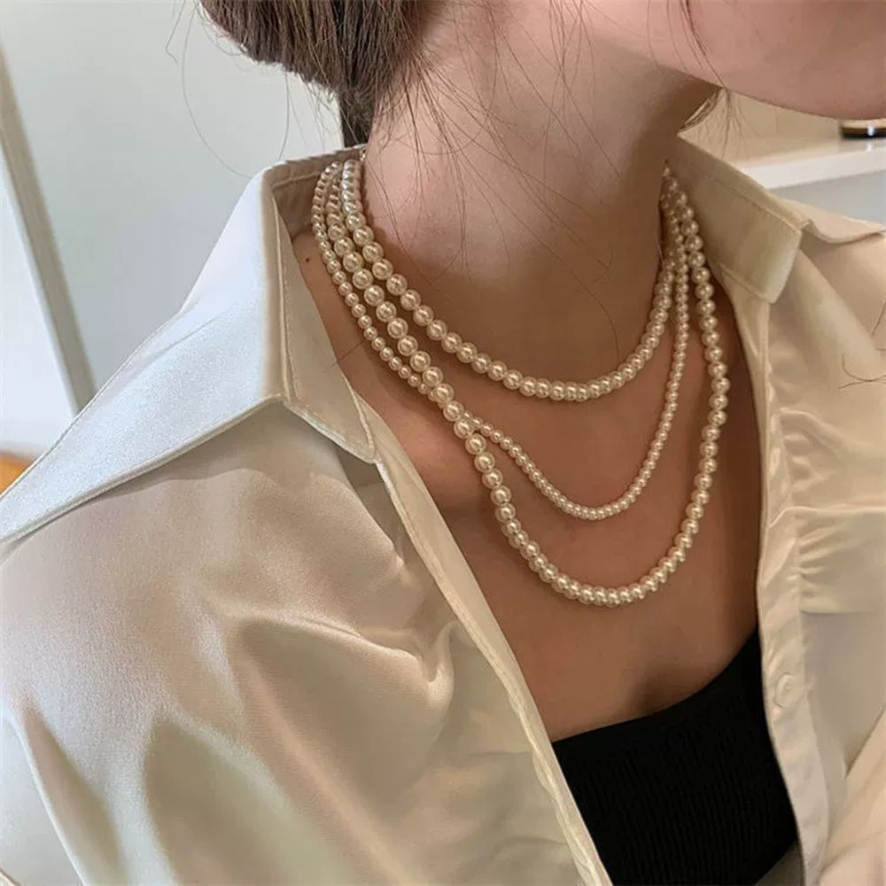 Simple multi-layer pearl women's necklace long sweater chain accessory
