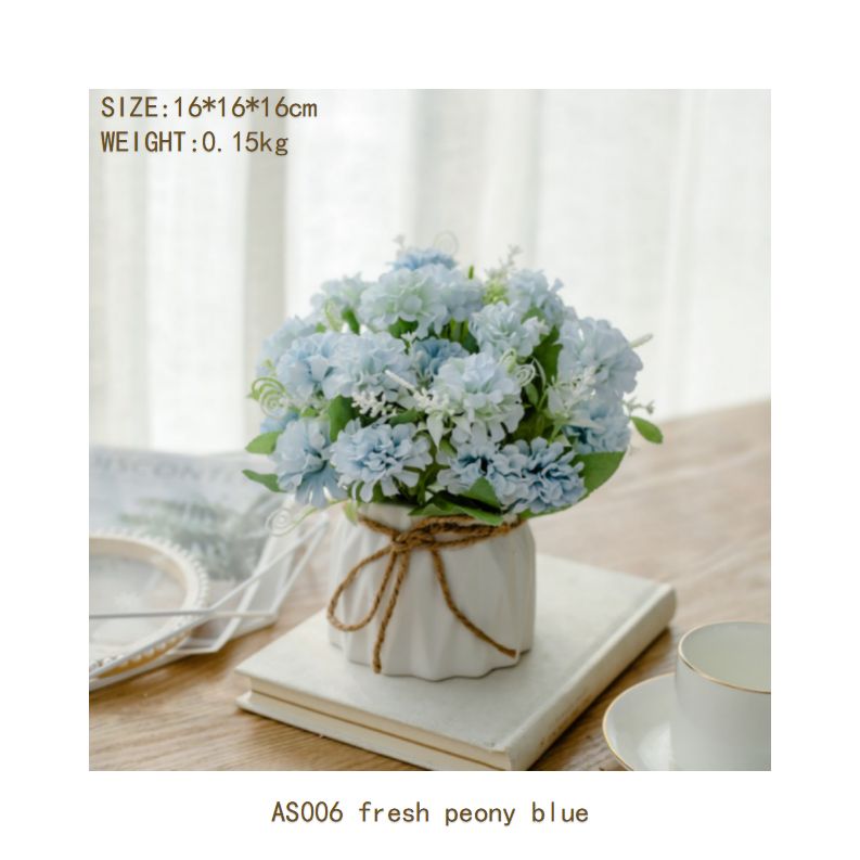 Fresh peony flower set ceramic hemp rope vase artificial flower silk flower pastoral floral ornaments living room dining room dining table hotel wedding church venue funeral ceiling road layout home decoration flower arrangement holding flowers photo props flowerpotAS006 fresh peony blue