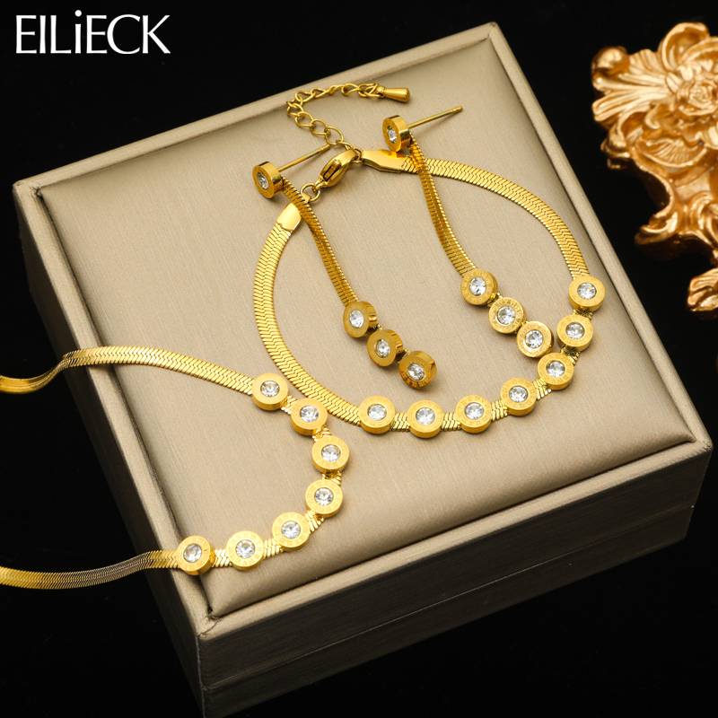 SL00365-1 Stainless Steel Roman Numeral Zircon Necklace Bracelet Earrings for Women High-Quality Non-fading Jewelry Set Gift