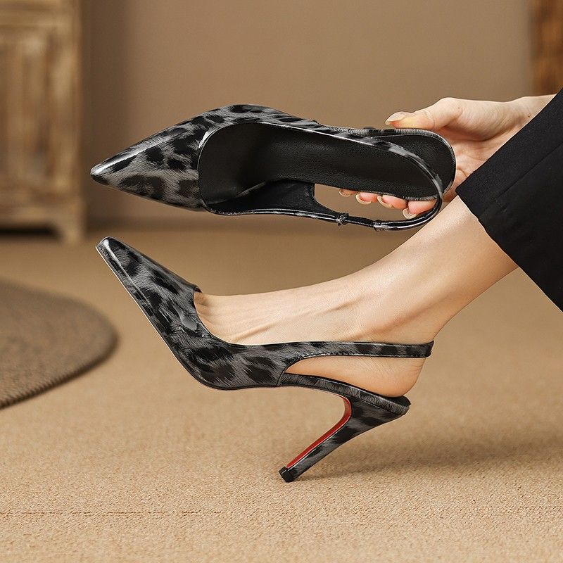 Summer New Leopard Print Pointed Toe Sandals Women Thin Stiletto Heel Elegant One Band Closed Toe Sexy Lady Street Dress Heels