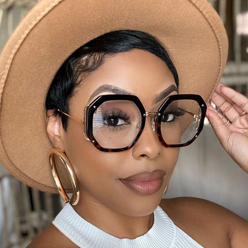 68082 Women's New Polygonal Anti-Blue Light Flat Glasses Large Frame Side Hollowed Out Glasses