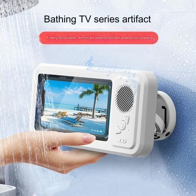 Retractable bathroom waterproof mobile phone box with Bluetooth speaker, punch-free 360° rotating mobile phone holder