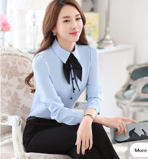 New Style Women's Shirts Blue Long Sleeve Fashion Ladies Blouses For Work Clothes Elegant Female Tops - Blouses & Shirts