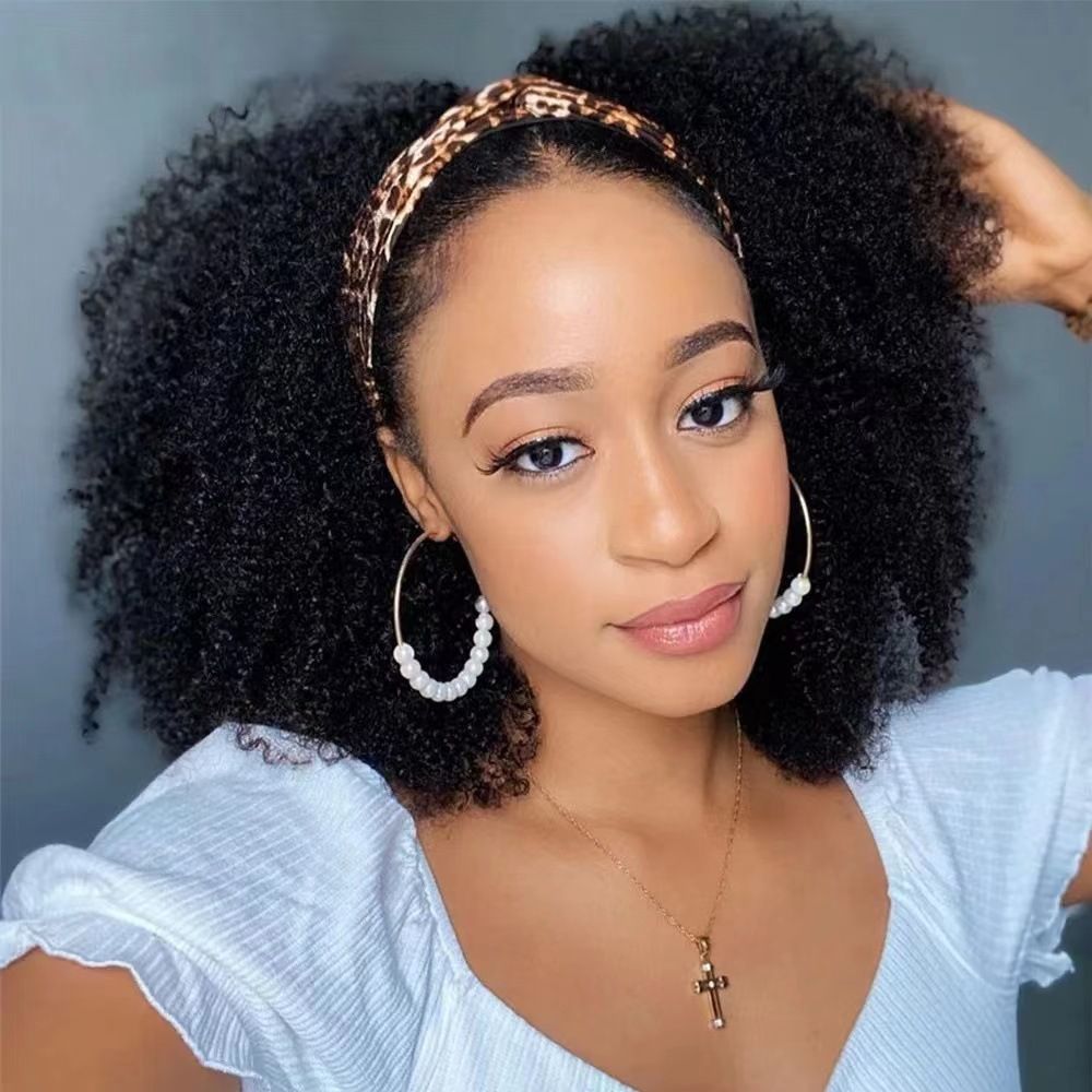 Ice Silk Headband Wigs Women Short Curly Synthetic Full Head Wig One-Piece Head Wrap Hair Wig for Daily Styling
