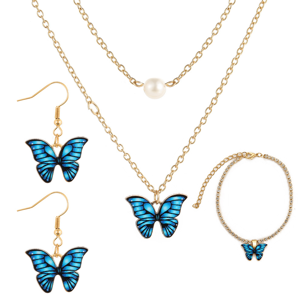 Cute Butterfly Chain Charms Simple Pair Necklace Bracelet Necklace and Earrings Jewelry Set