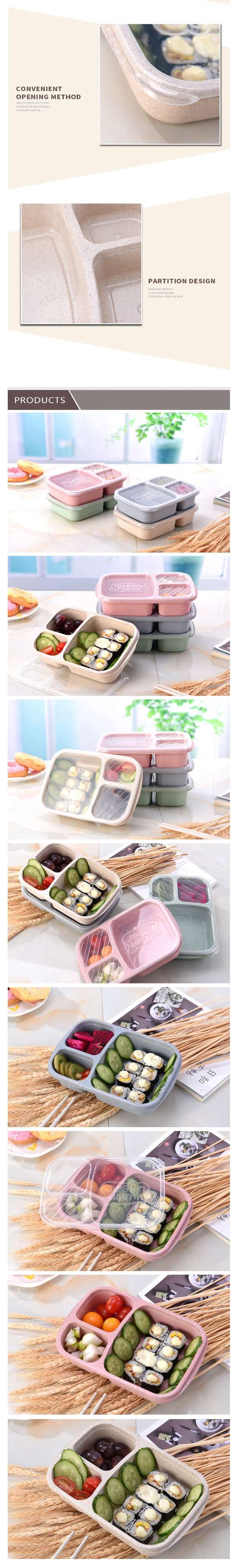 1011 900ml Wheat Straw 3-tiles Portable Tableware Food Lunch Box Food Storage Box Microwave Oven Travel School Picnic Lunch Box
