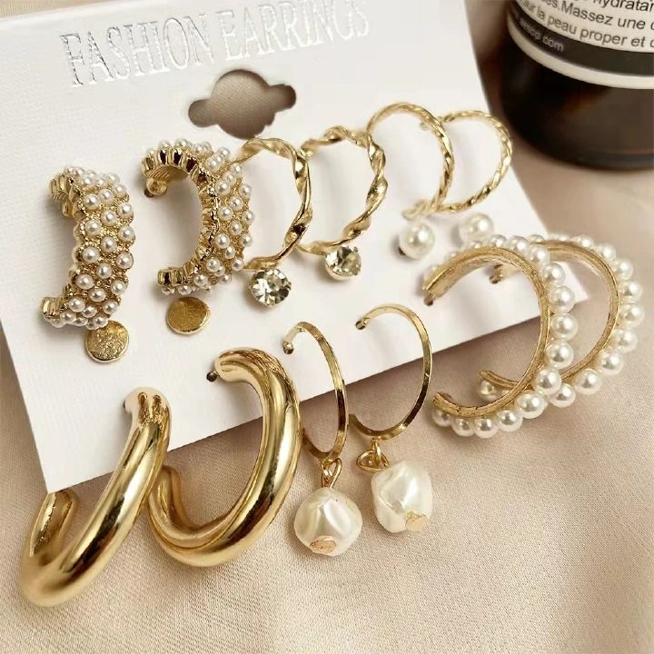 9Pcs/Set Women Earrings Rhinestone Pearl Exaggerated Gold Creative Personality Relief Earrings Women's Fashion Accessories JewelleryGold
