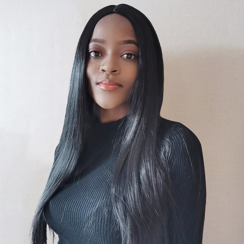Ladie Long Straight Hair Synthetic Middle Part Black Wigs For Women