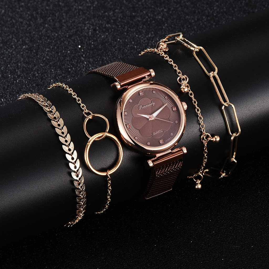 Simple Ladies Watch + Bracelet Combination Set Magnet Buckle Simple Casual Watch Flower Dial Alloy Mesh Strap Quartz Watch Couple Girls Gift Watch